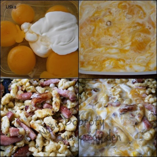 Špecle s uzeninou,mozzarellou a vejci
