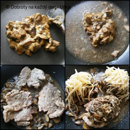 Vepřový plátek s hříbkovou čepicí+ plátek na kmíně a slanině-dvě jídla z jednoho hrnce(papiňáku)